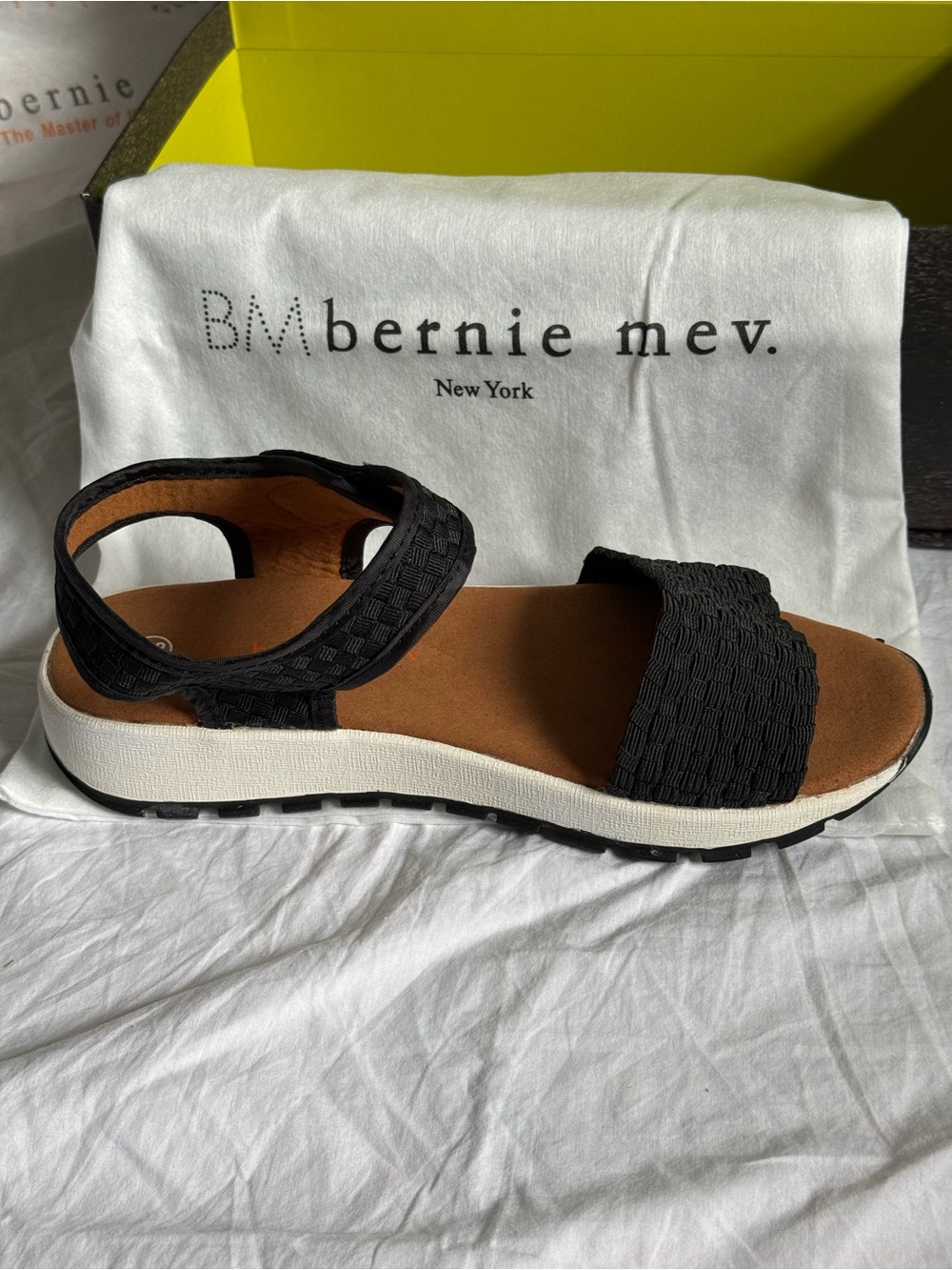 bernie mev. Black Woven Tara Strap Sandal with White Platform New in Box 38